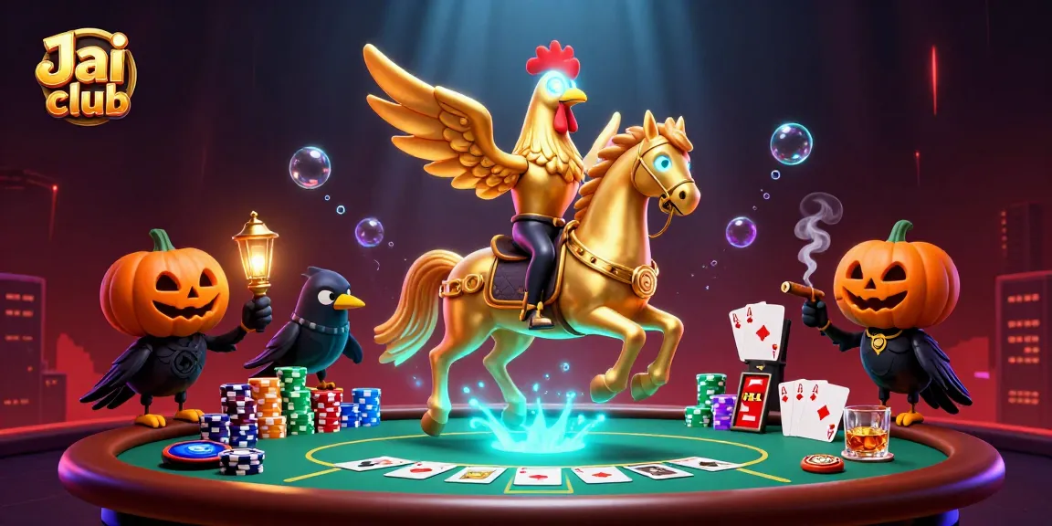 Engage in thrilling casino action with Jai club featuring a golden rooster and poker elements.