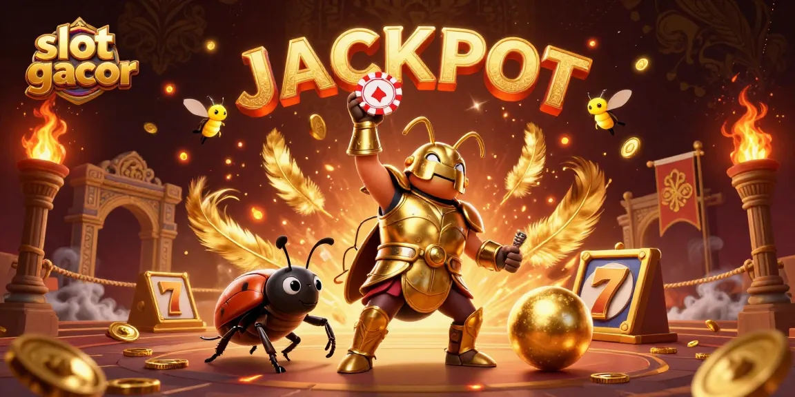 Slot gacor mengundang keberuntungan dengan laba-laba berjangka kostum emas yang mengangkat chip poker kemenangan.