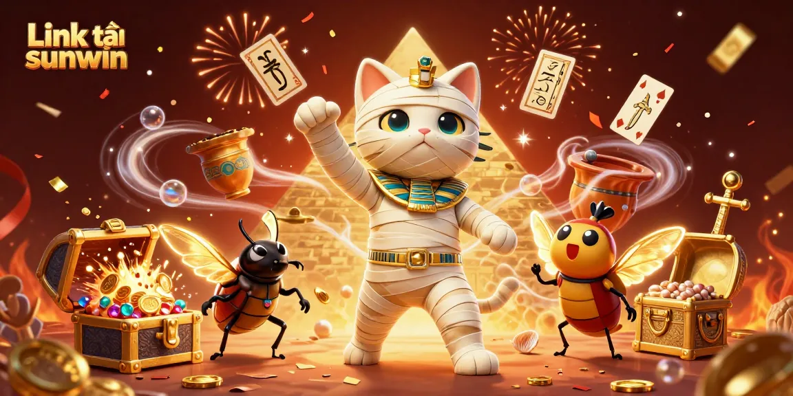 Capture the exciting moment with "Link tải sunwin" as a mummy cat and scarab beetle burst into a casino scene.