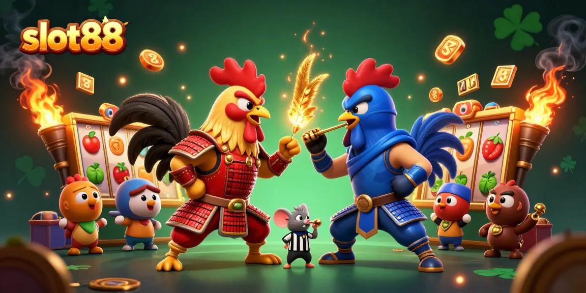 Engage with slot88 and experience thrilling gameplay among fighting roosters in a vibrant scene.