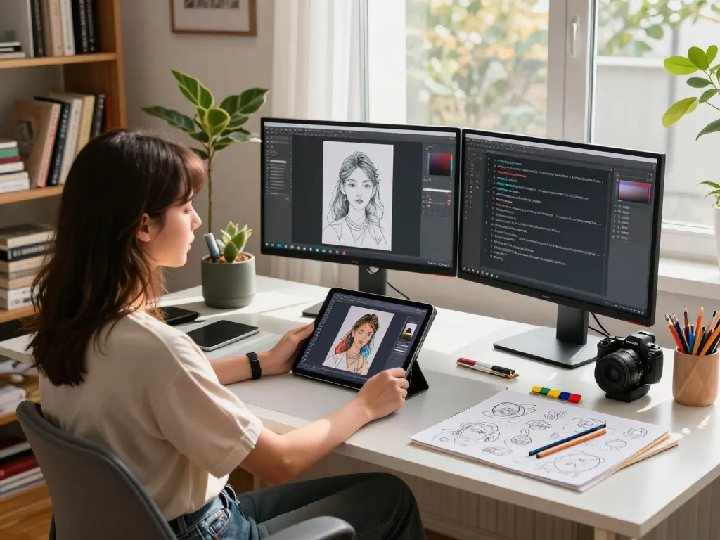 Creative workspace where an individual uses image to prompt ai tools to generate prompts from images, with colorful art supplies visible.
