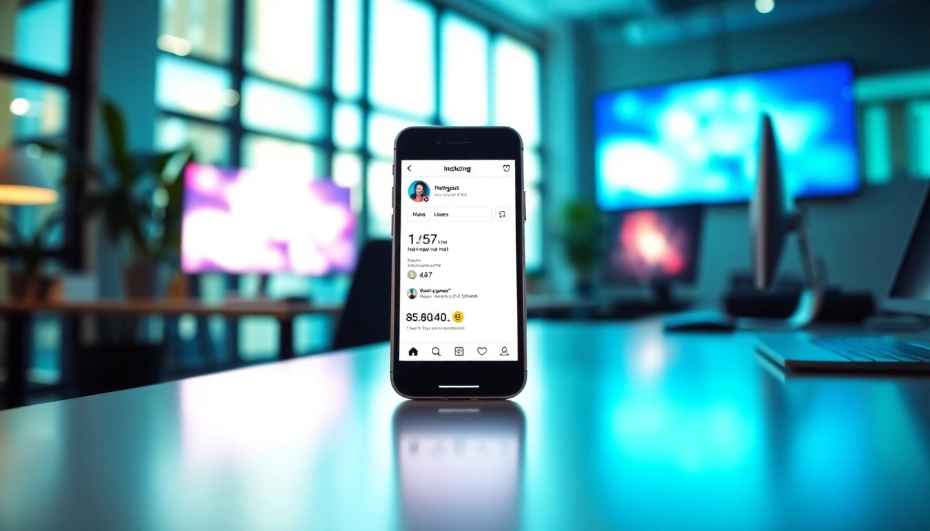インスタ いいね 購入を促進する洗練されたスマホを使ったデジタルマーケティングの様子。