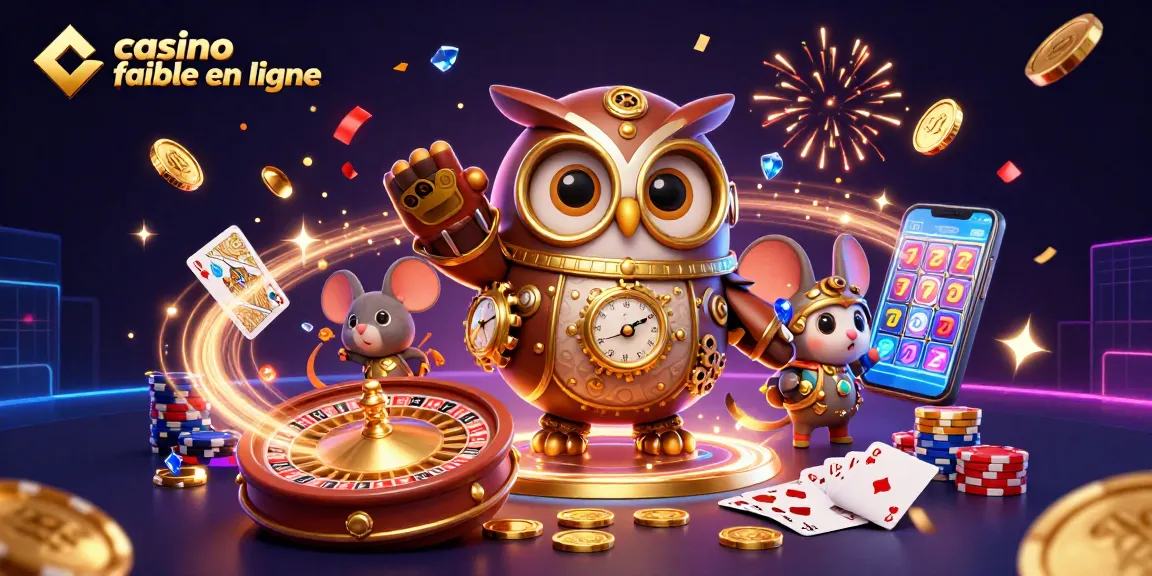 Casino fiable en ligne, illustration dynamique avec un hibou et un compagnon, jeux de casino et jetons colorés