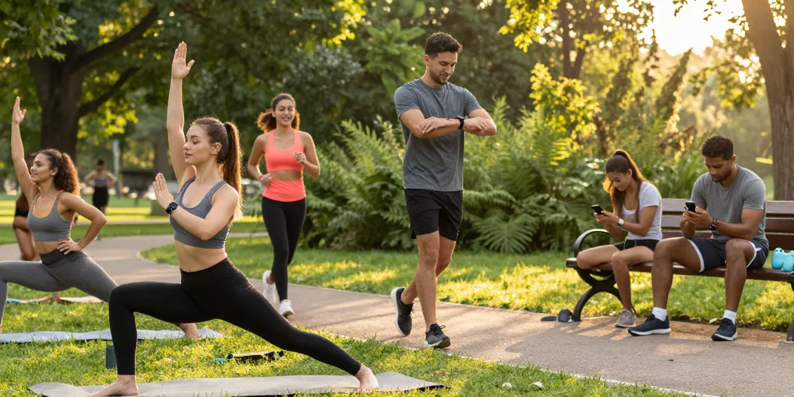 Pengguna smartwatch https://www.polarfitbitshop.com/fitbit-luxe/ melakukan yoga di taman saat sore, dikelilingi oleh aktivitas kebugaran lainnya.