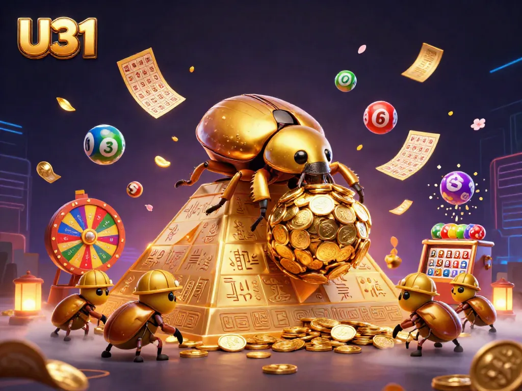 Experience U31's vibrant online casino scene featuring a golden beetle rolling coins amidst dynamic gaming elements.