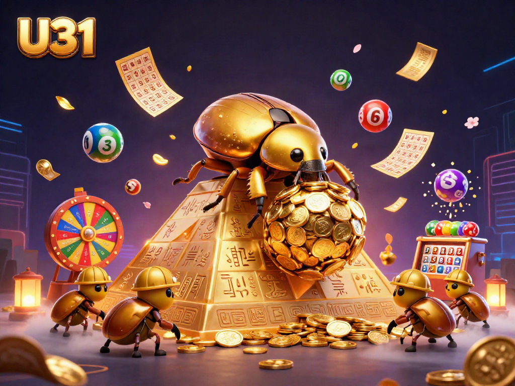 Experience U31's vibrant online casino scene featuring a golden beetle rolling coins amidst dynamic gaming elements.