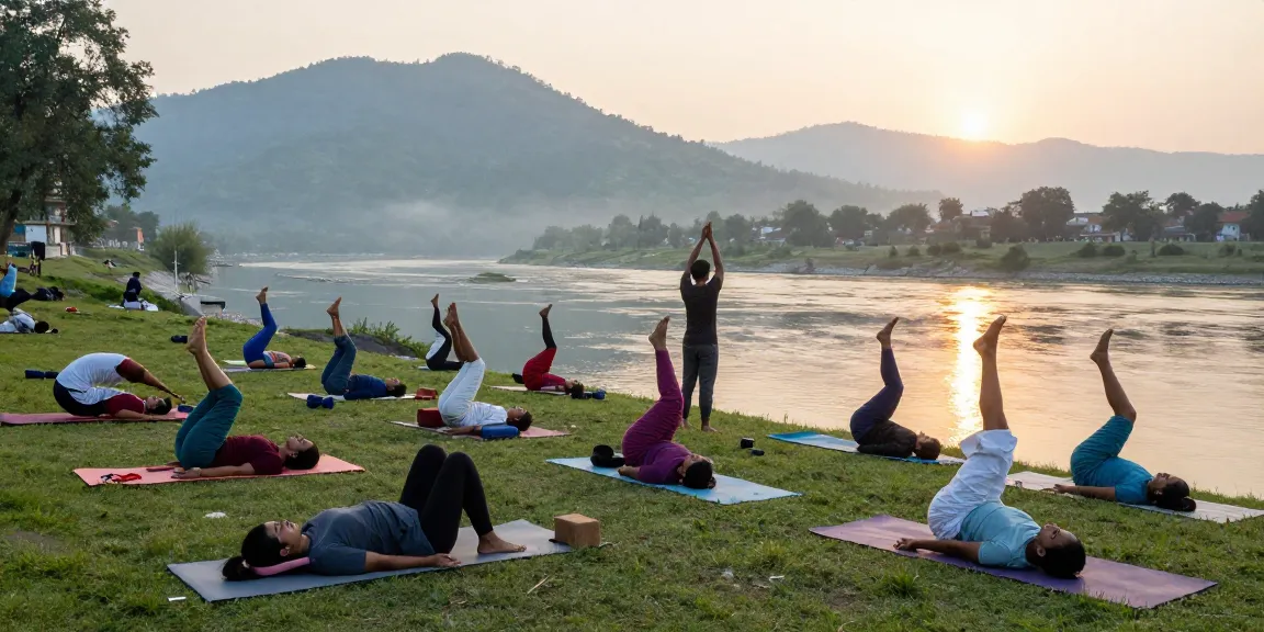 Yoga instructor certification Rishikesh India training scene with diverse students practicing poses by the Ganges.