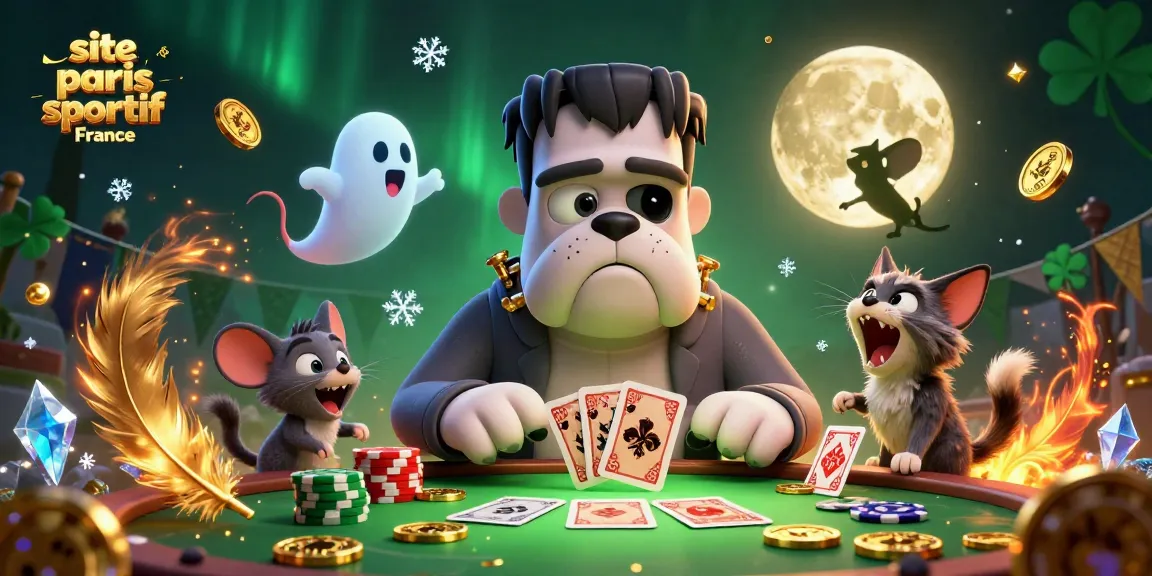 Le site paris sportif France présente un bulldog Frankenstein cartoon distribuant des cartes à un casino mystérieux.