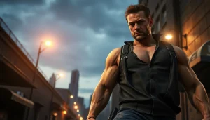 Captivating scene of a muscular hero better than Reacher, confidently standing in a city at dusk.