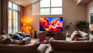 Engaging home theater with iron tv showcasing vibrant content in a cozy setting.