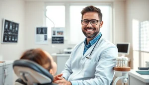 Dentist examining a patient in a modern clinic setting with professional tools.