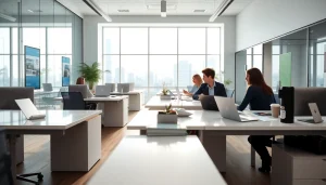 Real Estate office showcasing a modern workspace with collaboration and marketing materials