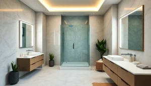 Sirhona fr met en avant une cabine de douche moderne et des miroirs LED élégants dans une salle de bain stylée.