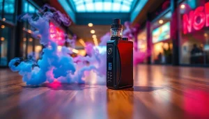 Vozol Vape-Gerät mit buntem Dampf in modernem, urbanem Ambiente.