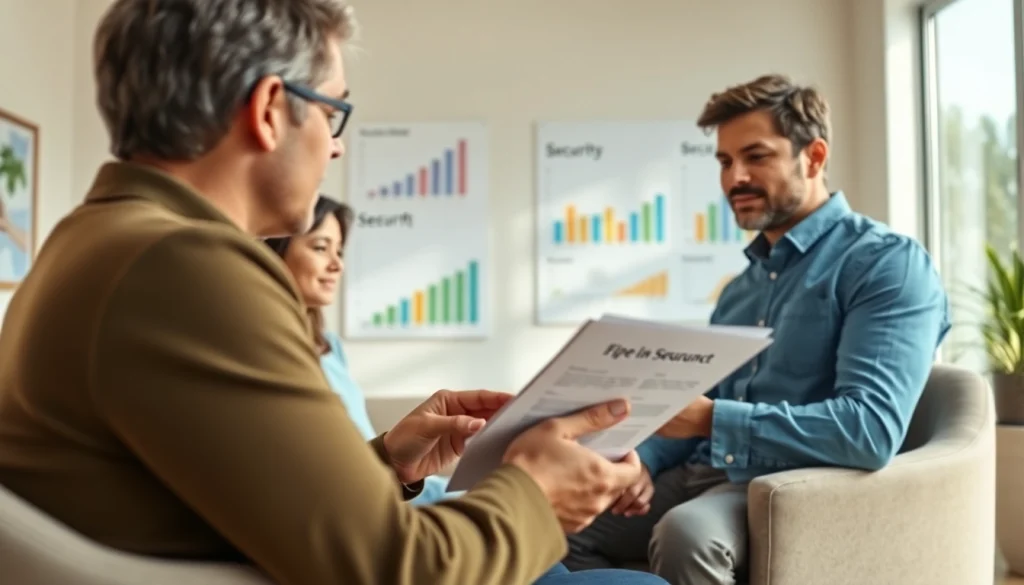 Engaging life insurance advisor explaining essential options to a young family in a welcoming office.