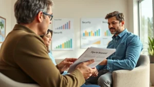 Engaging life insurance advisor explaining essential options to a young family in a welcoming office.