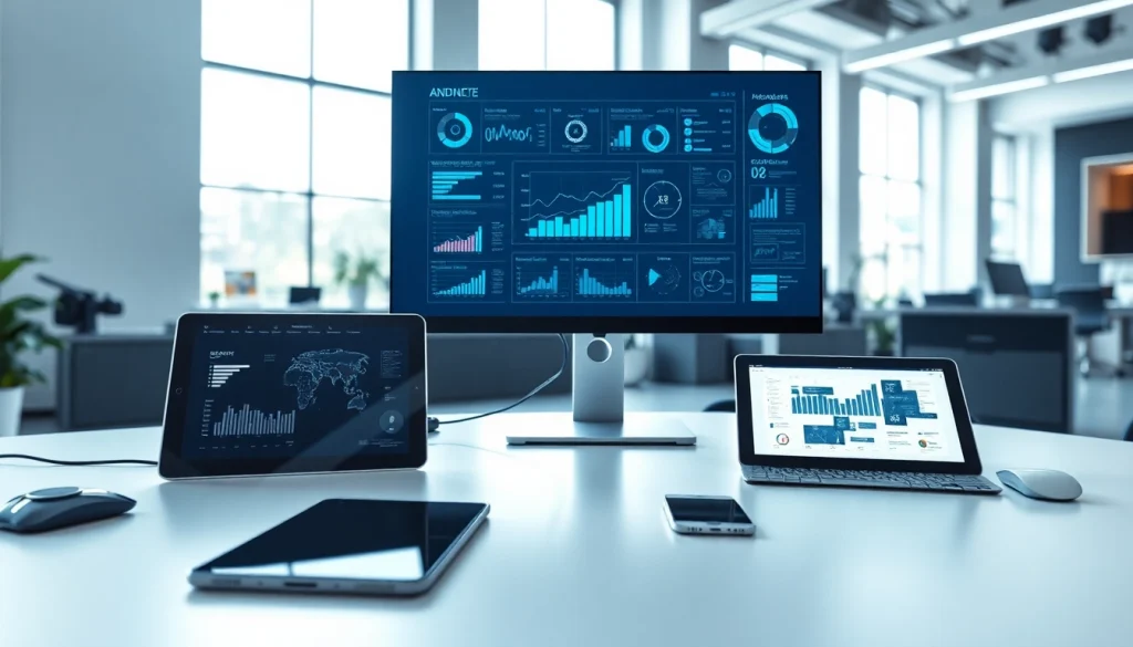 Showcasing technology in a modern workspace with innovative gadgets and multiple monitors, emphasizing productivity.