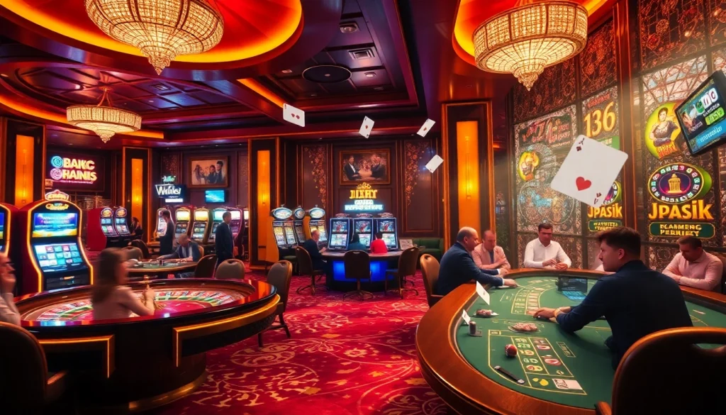 Exciting gambling scene showcasing games from https://uu88.blog/ with players at roulette and poker tables.