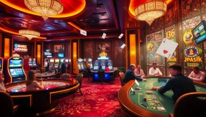 Exciting gambling scene showcasing games from https://uu88.blog/ with players at roulette and poker tables.
