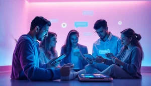 Engaging scene of diverse people using sex chat ai in a modern digital space.