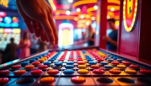 Demo plinko yang menarik di arena permainan dengan pegs berwarna-warni dan disc berjatuhan.