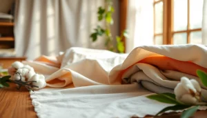 Katoen stoffen met levendige texturen en kleuren op een houten tafel afgebeeld.