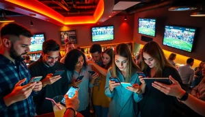 Engaged bettors enjoying the atmosphere of online sportsbooks Alabama while analyzing sports events on their devices