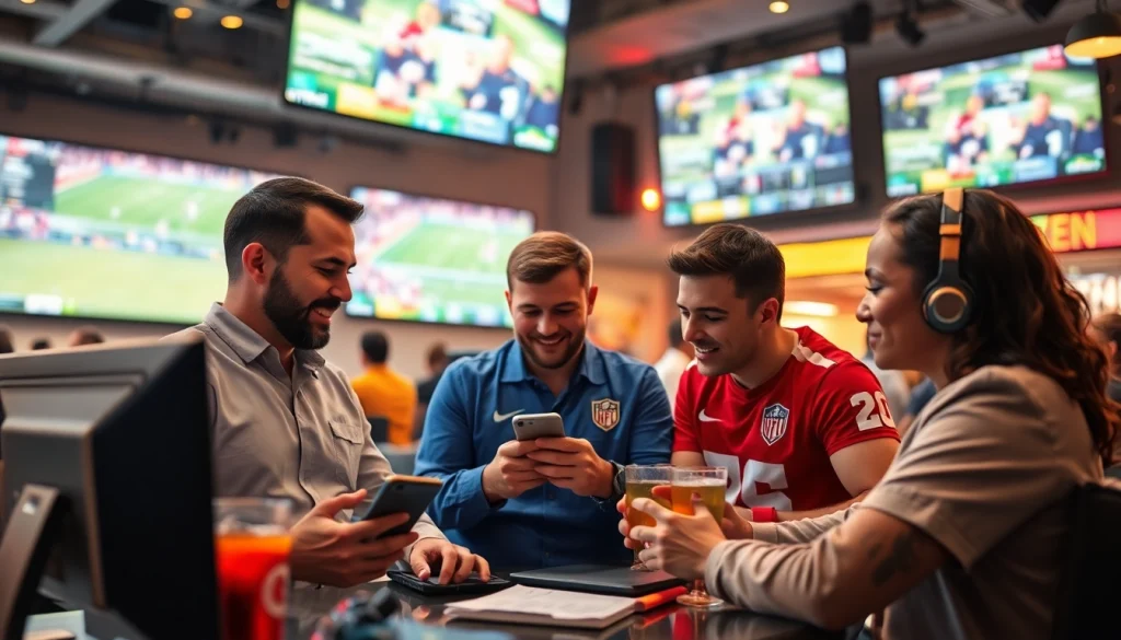 Engaged users exploring online sportsbooks California in a vibrant sports bar setting.