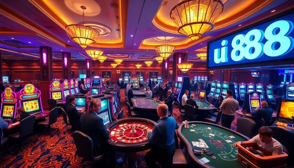 Excited players at u 888 casino gaming tables, highlighting vibrant lights and a luxurious atmosphere.