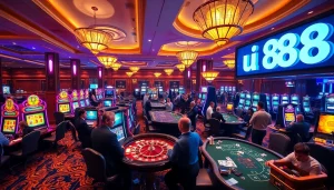 Excited players at u 888 casino gaming tables, highlighting vibrant lights and a luxurious atmosphere.