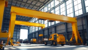 Double girder bridge crane lifting heavy loads in an industrial warehouse, showcasing its robust design and operational capabilities.