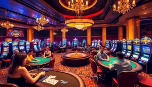 sbobet betting scene with poker, blackjack tables, and vibrant slot machines