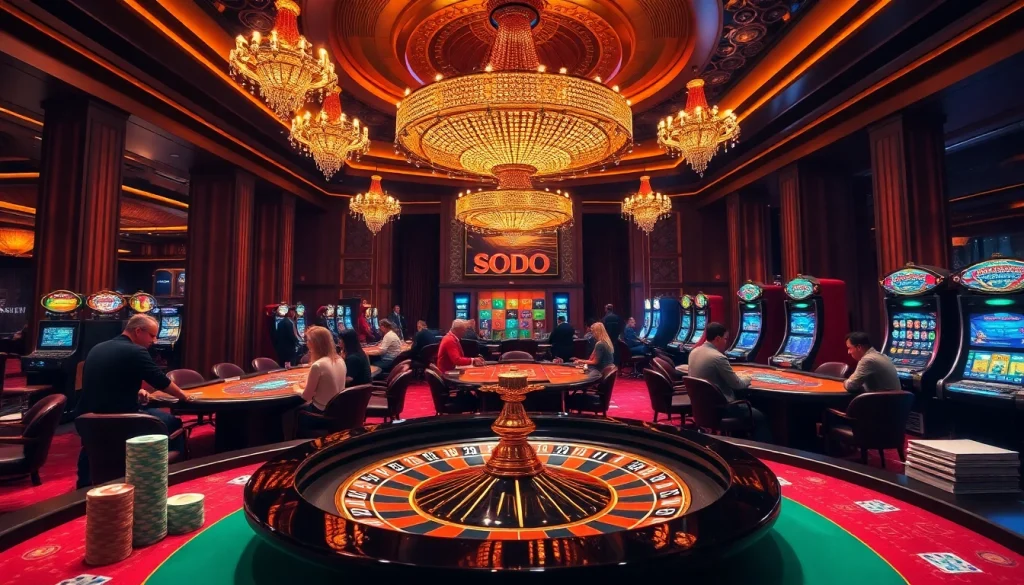 SODO Casino vibrant atmosphere with roulette wheel and excited players at casino tables