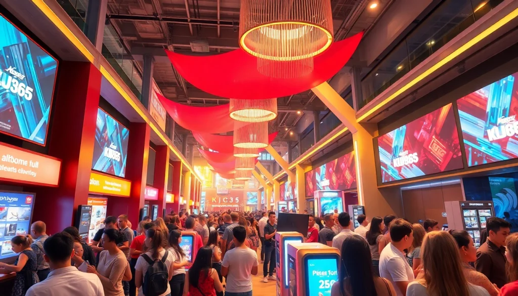 KJC365 dynamic entertainment hub with vibrant crowds, interactive displays, and modern lighting in an upscale setting.