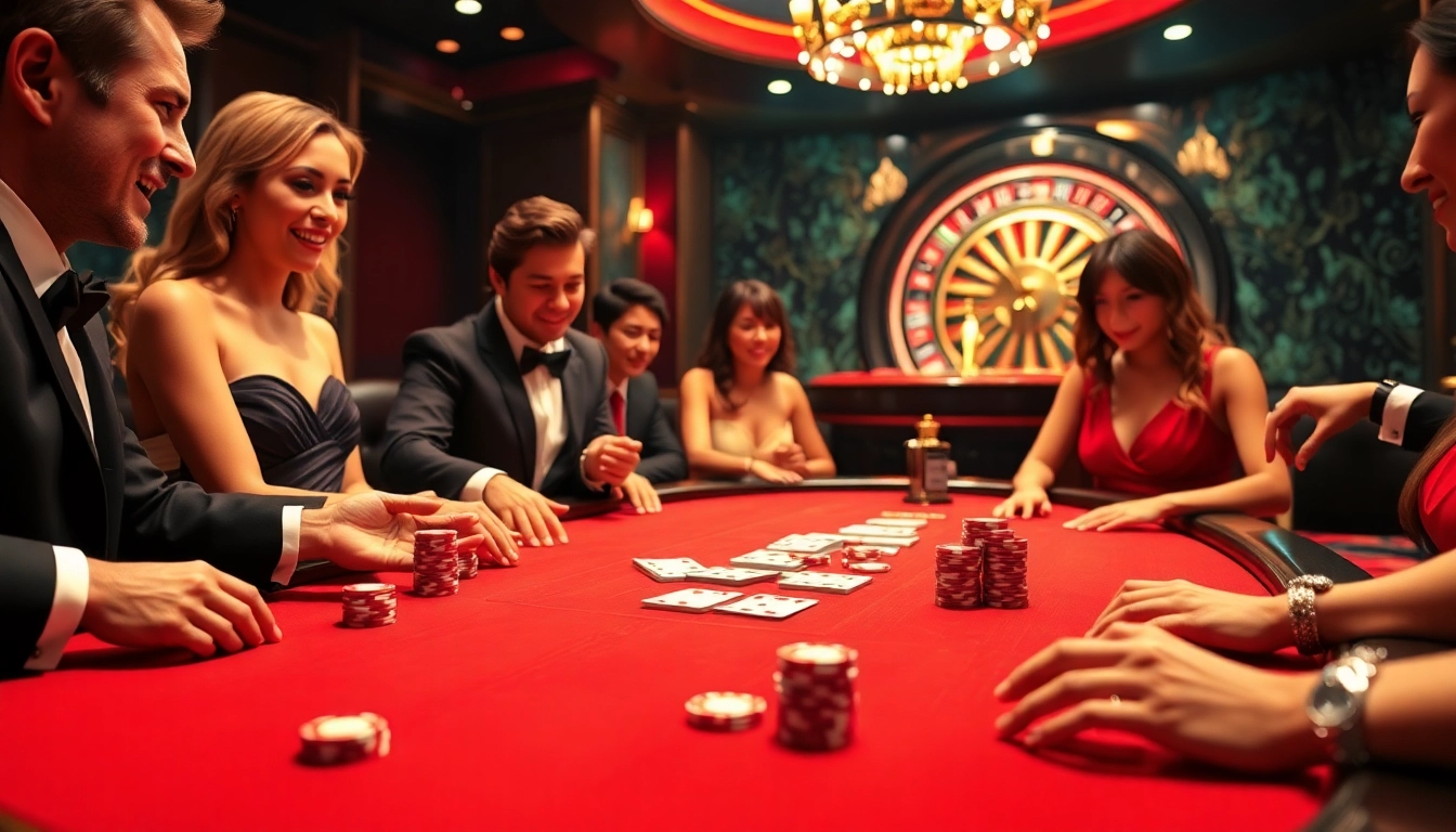 Players engaged at the Thabet77 poker table, showcasing excitement and strategy in a vibrant casino atmosphere.
