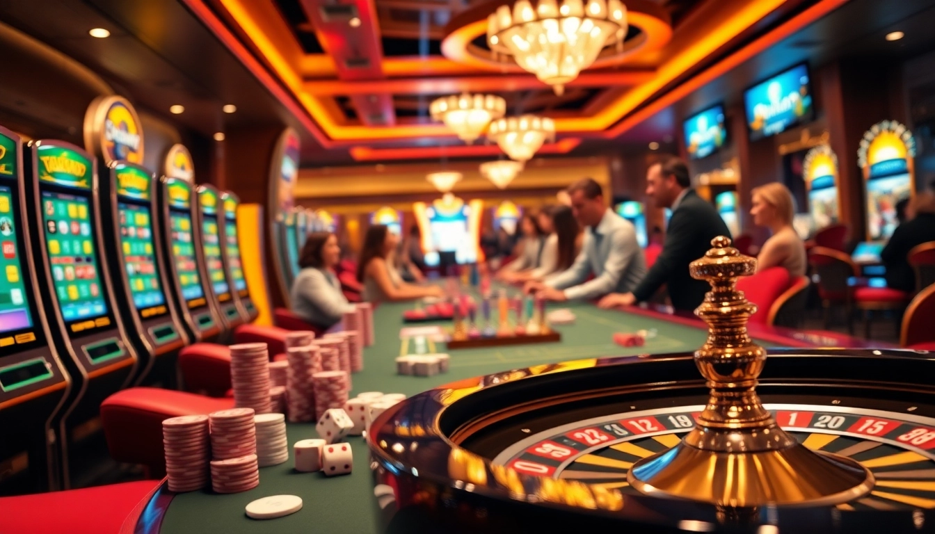 Exciting casino action with players enjoying games at https://okfun.uk.net/ featuring poker chips and slot machines.