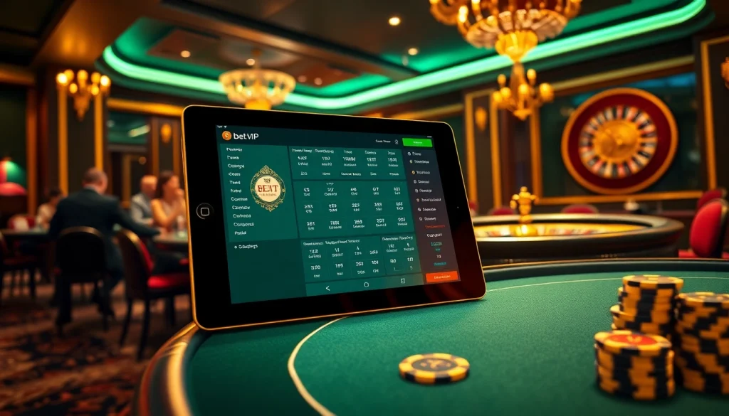 Khung cảnh casino sang trọng đang hiển thị ứng dụng Bet VIP trên máy tính bảng giữa các động tác và hoạt động sôi nổi