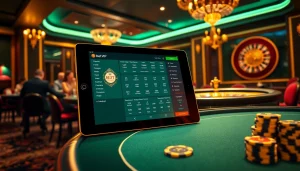 Khung cảnh casino sang trọng đang hiển thị ứng dụng Bet VIP trên máy tính bảng giữa các động tác và hoạt động sôi nổi
