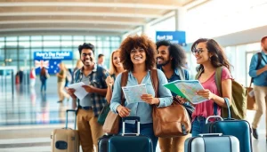 Excited travelers preparing for their tourist visa USA from Australia journey at the airport.