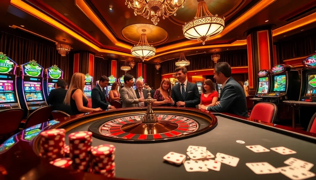 Players enjoying roulette and poker at the luxurious 79king casino gaming room, filled with excitement.