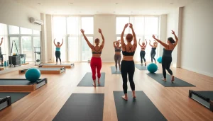 台東区のモダンなスタジオで行われるグループピラティスセッション。多様な参加者と機器を紹介。