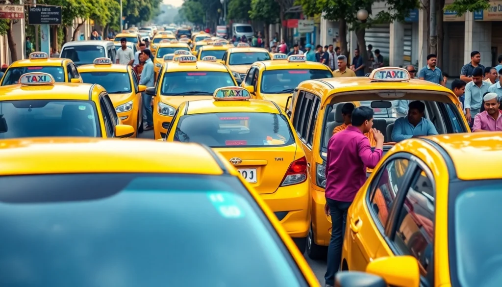 Delhi Taxi Service: Vibrant New Delhi street scene with clean, reliable taxis and diverse people hailing rides.