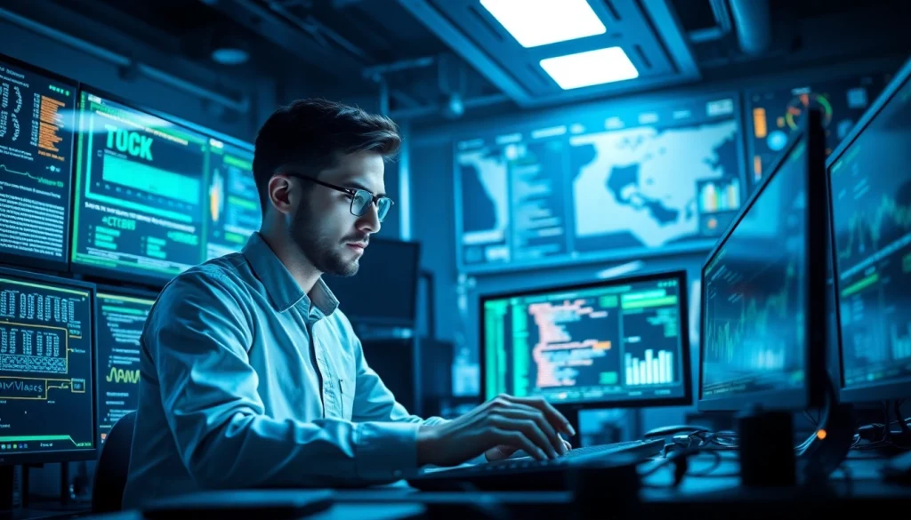 Dynamic software engineering workspace with coding screens and charts.