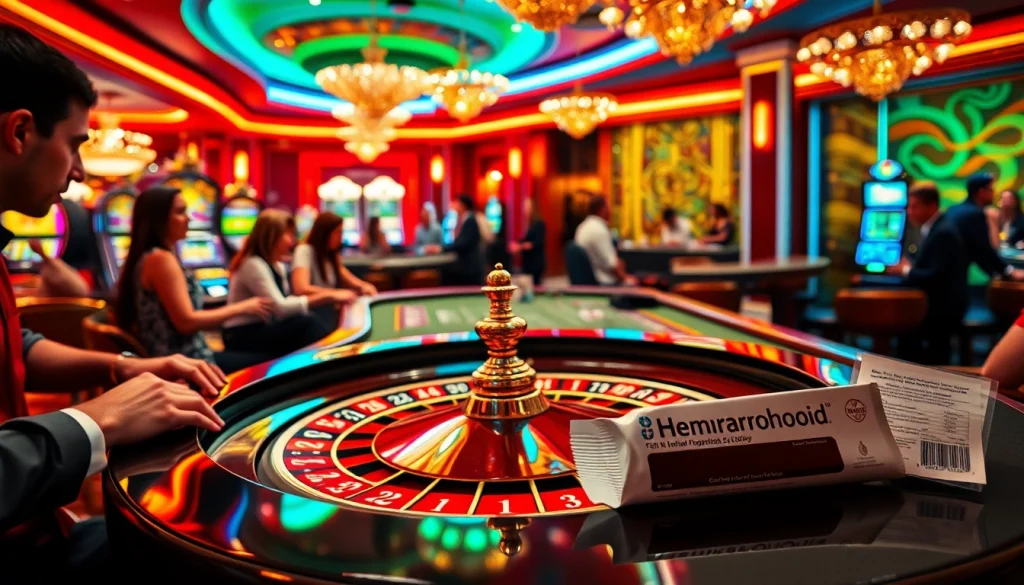 Engaged players joyfully place bets at a roulette table while Hemorrhoid cream subtly rests nearby, blending self-care with casino thrills.