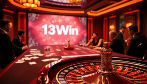 Experience the excitement of 13Win with thrilling poker gameplay at a luxurious casino table.
