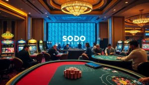 Experience the thrilling atmosphere of SODO Casino with players engaged at poker tables and dazzling slot machines.
