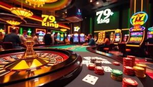 Experience the thrill of high-stakes gaming with the 79 king gambling scene, featuring roulette wheels and poker chips.