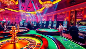 Players enjoying high-stakes gaming at MK8.COM, surrounded by vibrant casino elements.