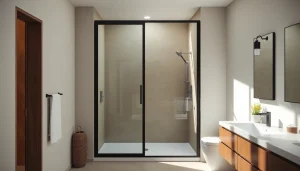 Admiring a black shower door in a modern bathroom setting with a sleek design feature.