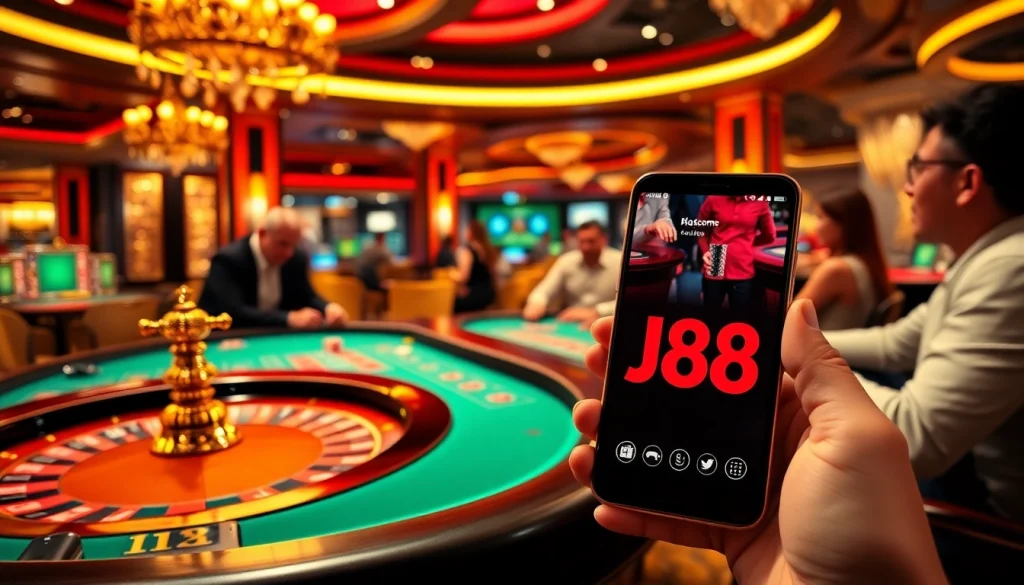Engage in thrilling casino games with j88 com, showcasing poker chips and a roulette wheel.